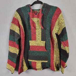 Baja Rasta Stripe Pullover Hoodie Multicolor Cotton Woven Sweater